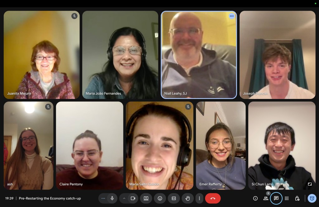 Screenshot of nine participants on the online “Pre-Restarting the Economy catch-up” smiling at the camera!